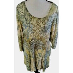 Cal Style Blouse Size L Paisley Green Diamond Accent 3/4 Sleeve USA